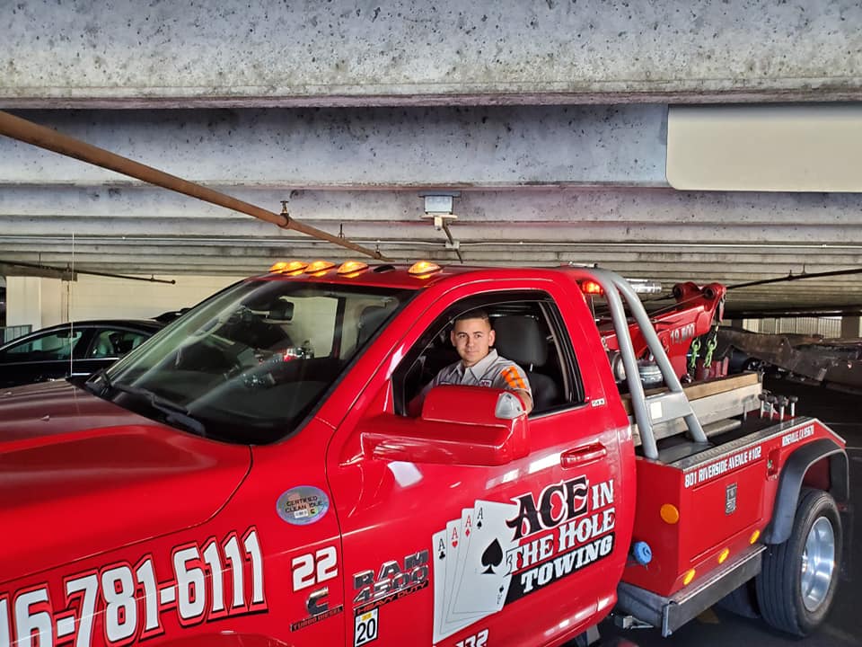 Low clearance parking garage is no problem for our red tow truck. At Sacramento Ace Towing we call our red tow truck our secret weapon. Call us any time, 365 days a year from Sacramento, Citrus Heights, Roseville, Antelope or Rio Linda for the fastest roadside assistance you have ever had.